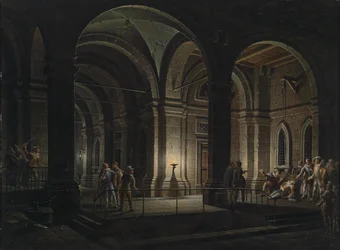 Architecture fantastique de prison avec des personnages en costume du 17ème siècle